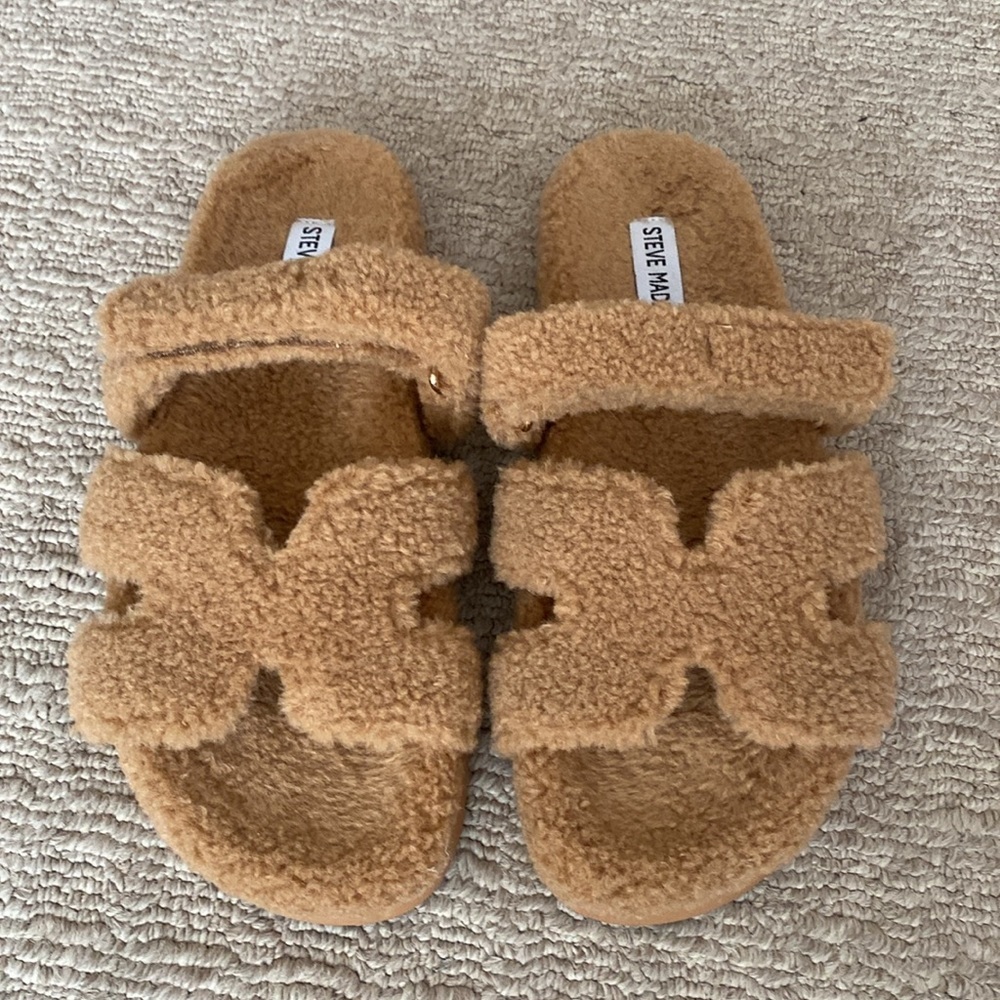 Steve Madden Mayven Shearling Sherpa Faux Fur Slip On Slide Sandals size 10 - Picture 7 of 9